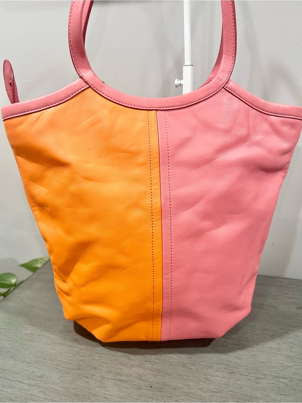 Coach Bea Tote in colorblock taffy pink and orange design. - Picture 2 of 8